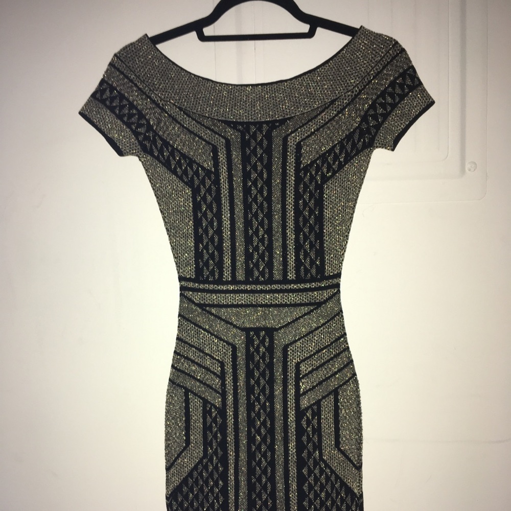 BCBG body con black and gold dress.